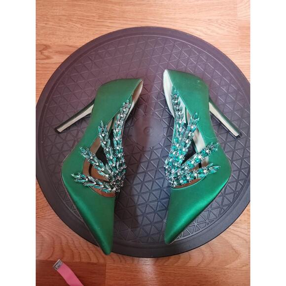 EUGENE RICONNEAUS GREEN SATIN/LEATHER STUDDED LEAF heels shoes ART Size 38 $1260 - Picture 7 of 14